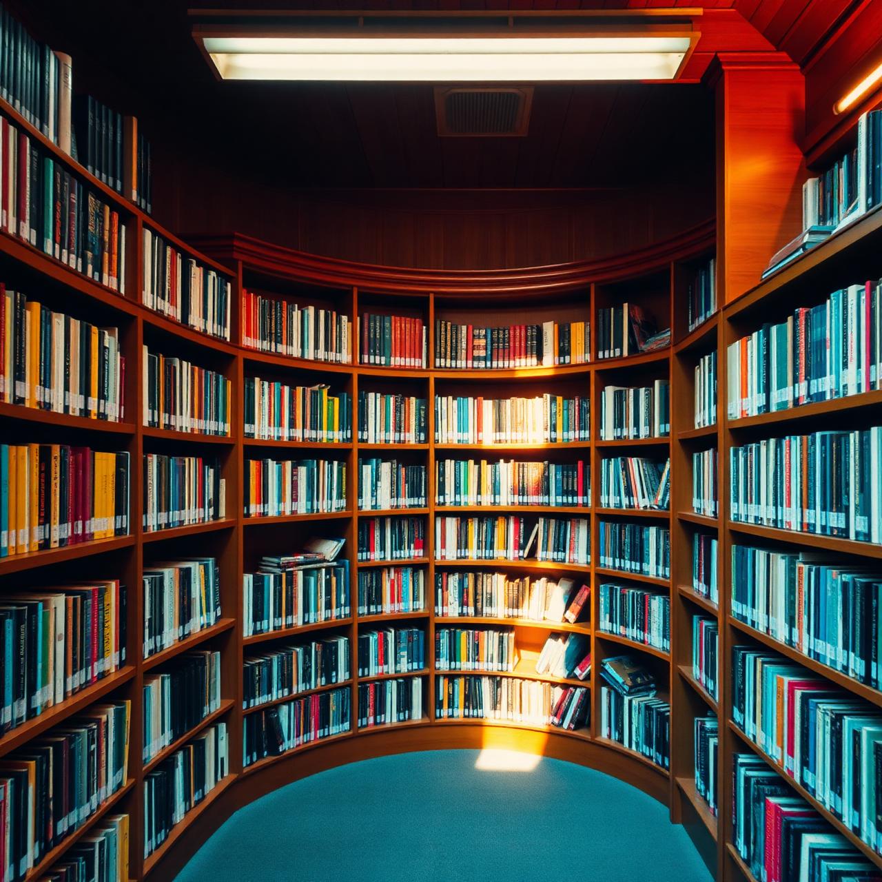 A curved library wall lined with colourful books